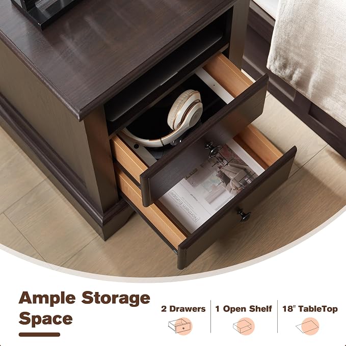 T4TREAM Nightstand with Charging Station, 18 Inch Vintage End Table with 2 - Image 4