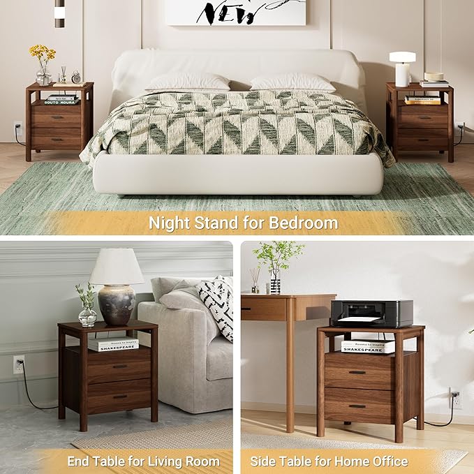 Night Stand with Charging Station, 2 Drawers Nightstand with Open Shelf - Image 6