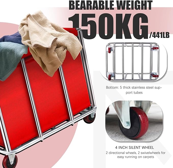 Commercial Laundry Cart with Wheels, 11.35 Bushel Large Rolling Laundry Hamper - Image 3