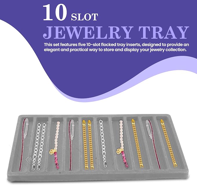 Novel Box 5 Pack 10-Slot Gray Liner Jewelry Storage Tray Inserts 14.75x8.25x1 - Image 3