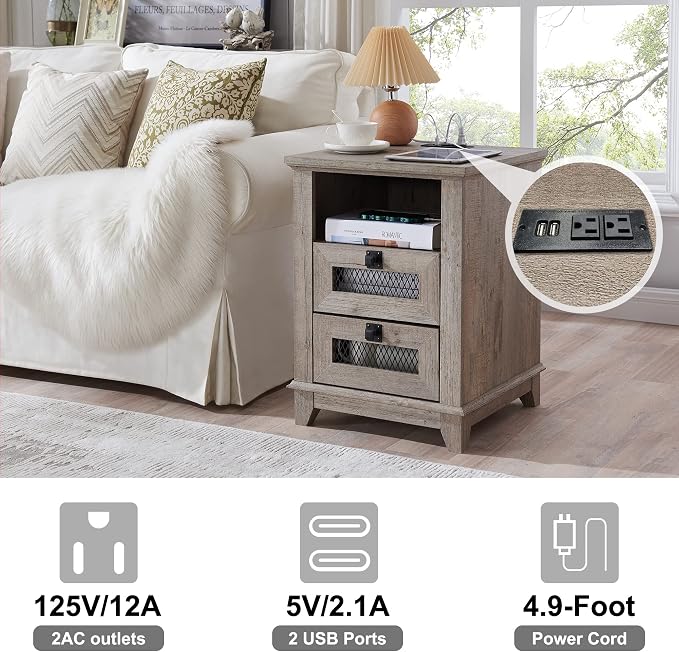 Nightstand with Charging Station, OKD 18'' Industrial & Farmhouse End Table - Image 6