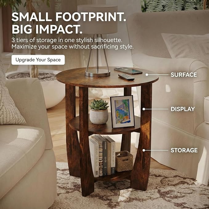 Rustic Brown Round Side Table, 3-Tier End Table - Image 6