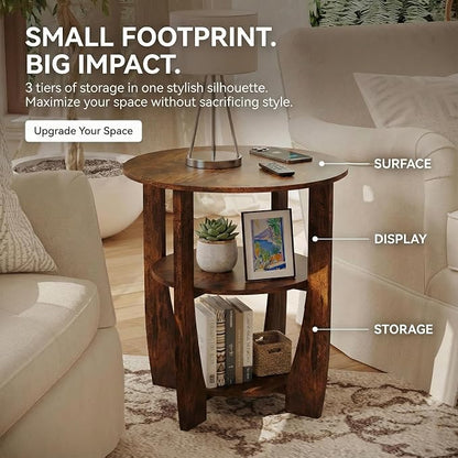 Rustic Brown Round Side Table, 3-Tier End Table - Image 6