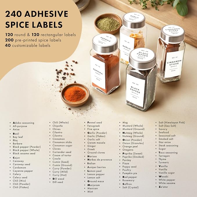 Glass Spice Jars with Label and Stainless Steel Lids Spice Containers with 240 - Image 5