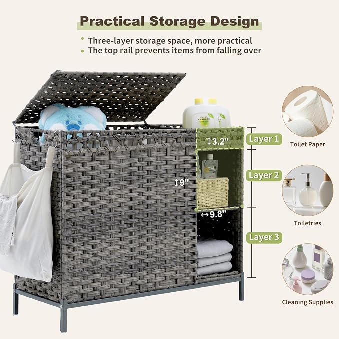 Laundry Hamper with Lid, 130L Rattan Laundry Hamper 3 Section with 50L Storage - Image 4