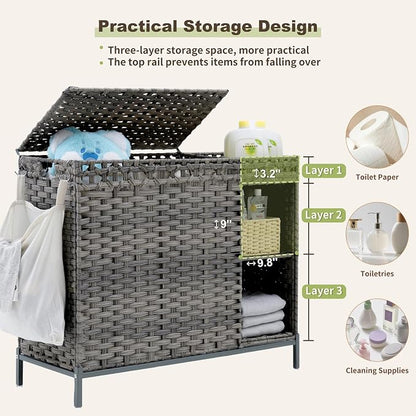 Laundry Hamper with Lid, 130L Rattan Laundry Hamper 3 Section with 50L Storage - Image 4