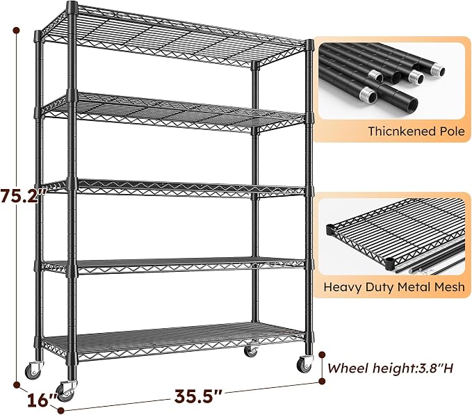 REIBII Storage Shelves with Wheels Wide Wire Shelving Unit with Wheels 75.2"H - Image 3