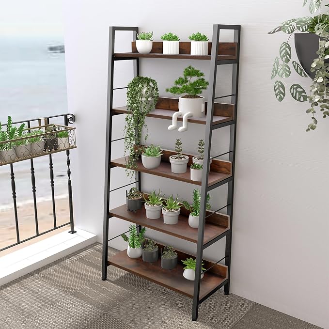 Himimi Ladder Bookshelf, 5 Shelf Bookcase Industrial Bookshelf Wood and Metal - Image 7