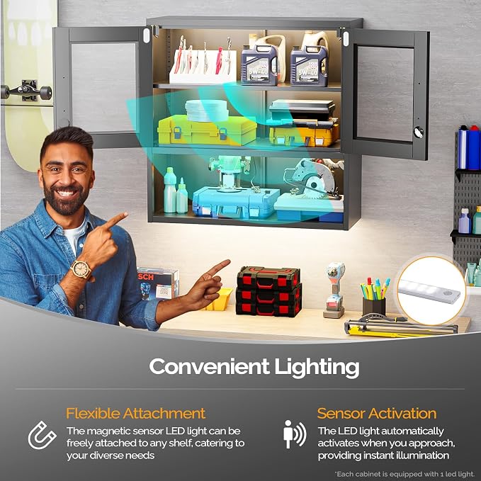 VINGLI Metal Wall Cabinet with Locking Glass Doors & Magnetic LED Sensor Light - Image 4