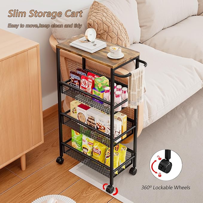 AZERPIAN Slim Rolling Cart 4 Tier Narrow Storage Cart on Wheels - Image 4