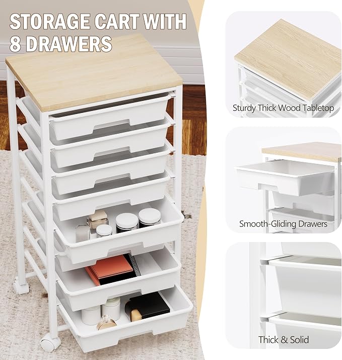 Rolling Cart with 8 Drawers, Storage Drawers Cart with Wooden Tabletop and - Image 3