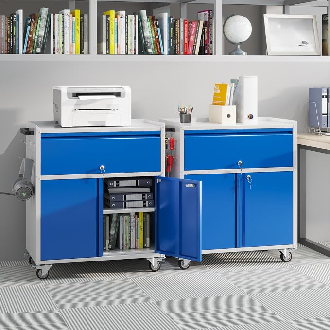 Aobabo Metal Cabinet with Wheels, Metal Garage Cabinet with 1 Drawer and 4 Hooks - Image 2