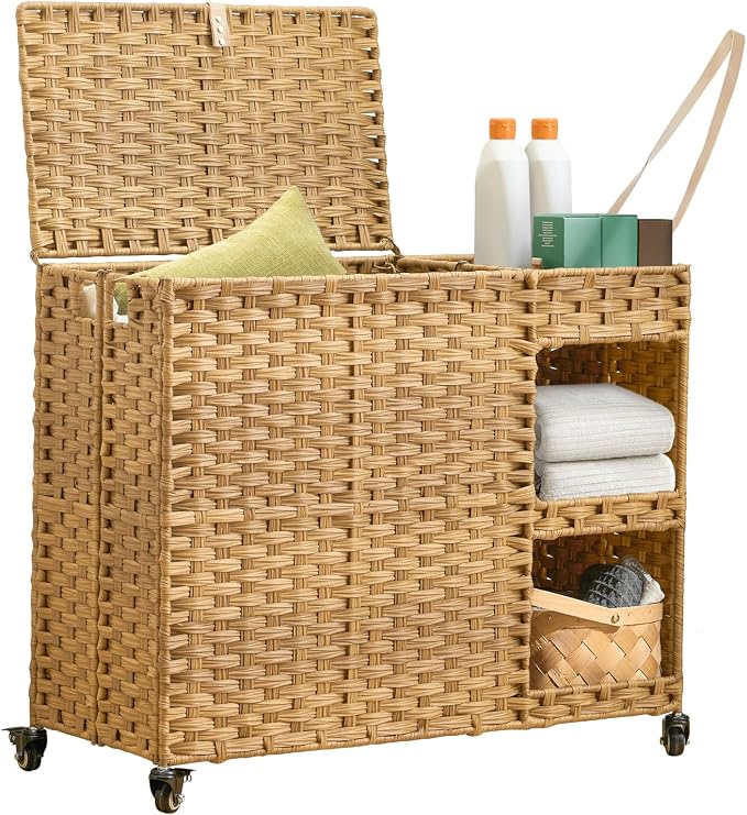 Laundry Hamper with Wheels, 42.3 Gal. Laundry Sorter with Shelves, Rattan by Hiagnete