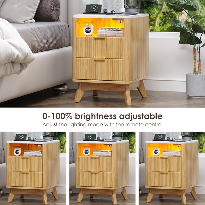 Nightstand with Charging Station, Fluted Nightstand with LED Lights, Modern - Image 6