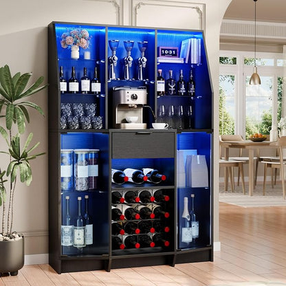 59.05" Wine Bar Cabinet W/ LED Lights & Tempered Glass Door, Home Bar Liquor - Image 7