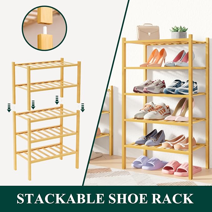 Smiry Bamboo Shoe Rack for Closet, 2 Tier Small Wooden Stackable Shoe Organizer - Image 4