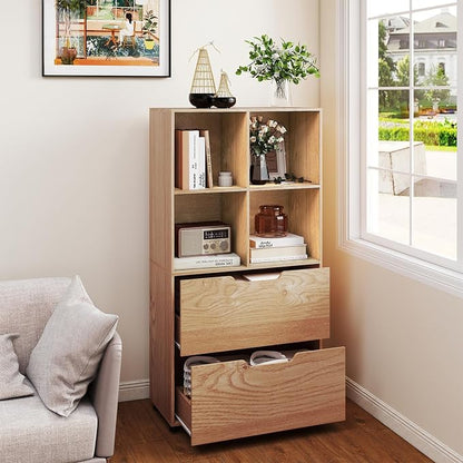 Giantex Bookshelf with 4 Cubes & 2 Drawers, 51” Tall Floor Bookcase with - Image 2