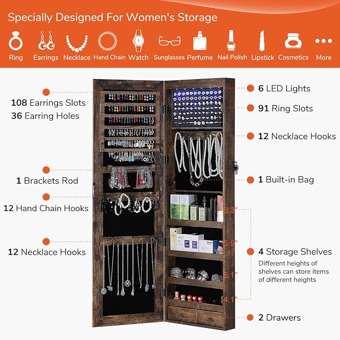 GISSAR Full Length Mirror Jewelry Cabinet, 6 LEDs Jewelry Armoire Wall Mounted - Image 4
