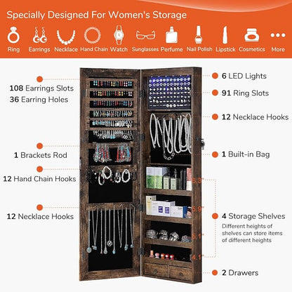 GISSAR Full Length Mirror Jewelry Cabinet, 6 LEDs Jewelry Armoire Wall Mounted - Image 4