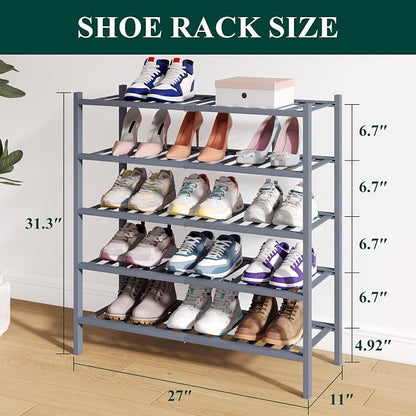 Smiry Bamboo Shoe Rack for Closet, 5 Tier Wooden Stackable Shoe Organizer - Image 2