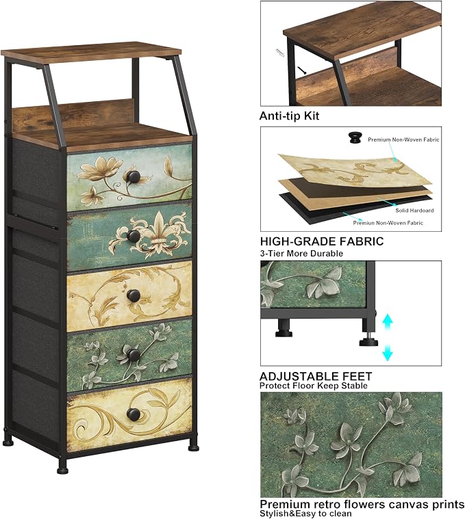 Tohomeor Nightstand with Fabric Drawers Dresser with 2 Tier Shelf Storage Tower - Image 6
