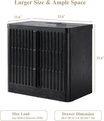 Black 23.6" Nightstand with Charging Station, Side Table with 3 Storage Drawers - Image 2