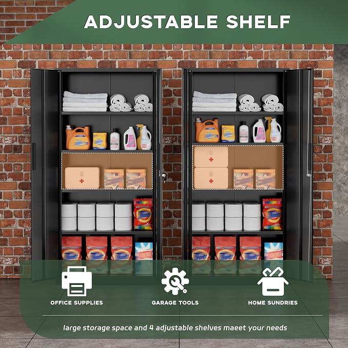 Greenvelly Metal Garage Storage Cabinet, 72” Locking Black Tool Steel Cabinet - Image 8