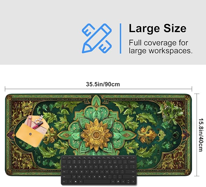Green Vintage Floral Mouse Pad – Large Extended Desk Mat 35.43 x 15.75 in – - Image 3