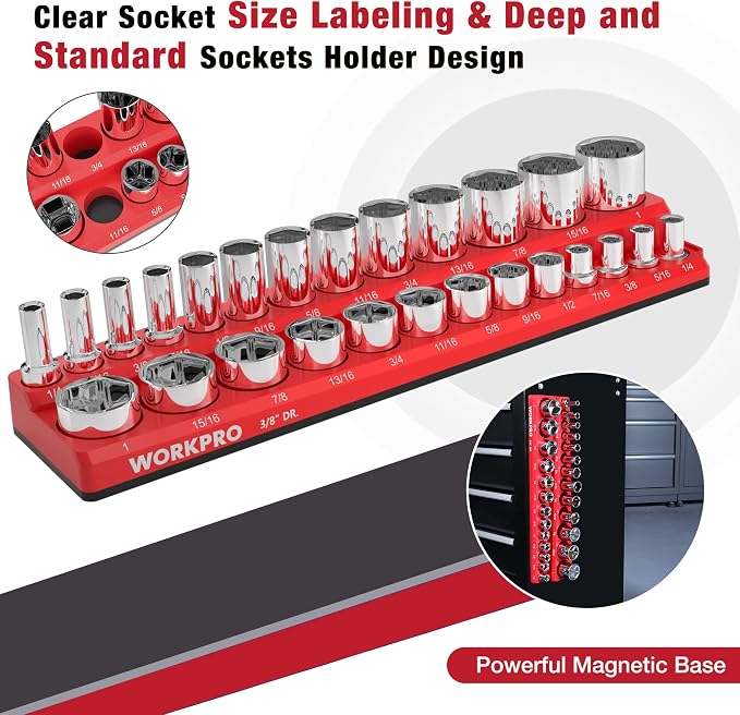 WORKPRO Magnetic Socket Organizer, 3/8-Inch SAE Socket Holder, Socket Trays - Image 5