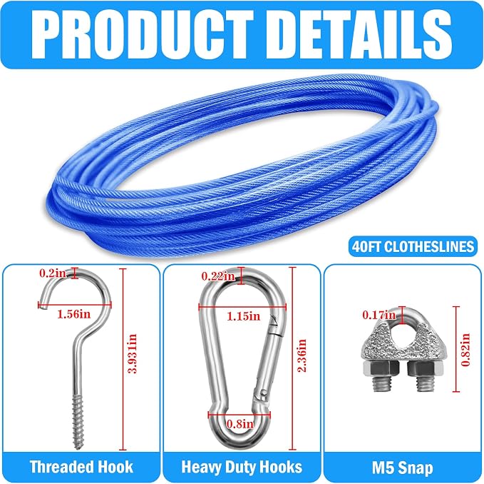 40ft Clothes Line Outdoors 3/16" Wire Ropes Blue PVC Coating Laundry Drying - Image 3