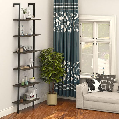 Ladder Shelf Black 6 Tiers Modern Bookshelf Room Organizer Open Tall Wall Mount - Image 6