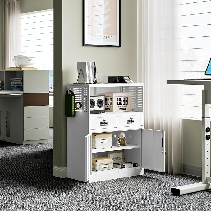 Yizosh Locking Cabinet with 2 Drawers, Metal Storage Cabinet with Locking Doors - Image 2