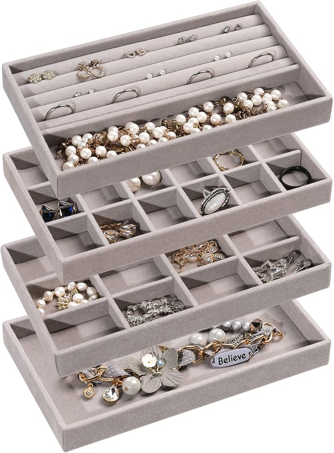 Frebeauty Jewelry Organizer Tray, Stackable Velvet Jewelry Trays, Drawer by Frebeauty