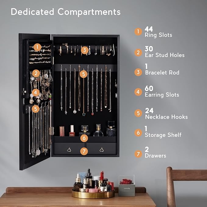 LAVIEVERT Jewelry Armoire with LED Lighted Mirror, Wall/Door Mounted Frameless - Image 2
