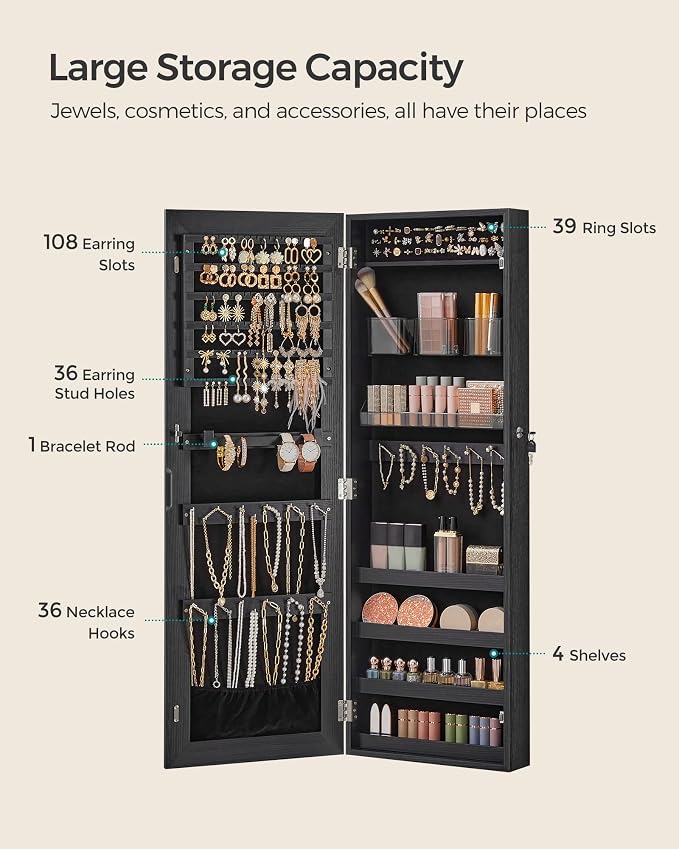 SONGMICS Mirror Jewelry Cabinet Armoire, Wall or Door Mounted Jewelry Storage - Image 3