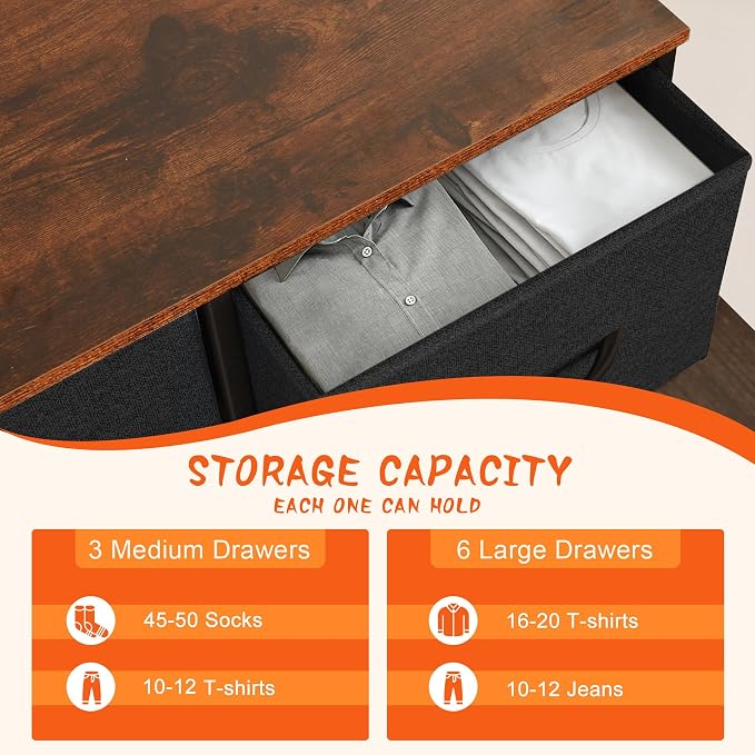 Dresser for Bedroom with 9 Drawers, Chest of Drawers, Storage Drawers Organizer - Image 5