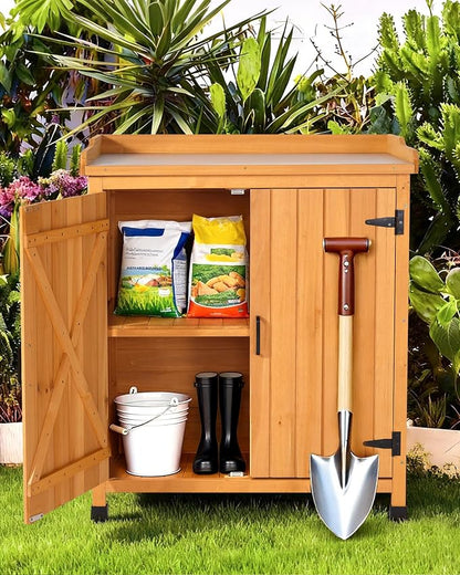 Outdoor Storage Cabinet with Metal Work Top|Waterproof Wooden Potting - Image 2