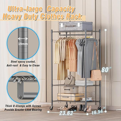 Homdox Garment Rack Heavy Duty, 3 Tier Rolling Clothing Racks - Image 3