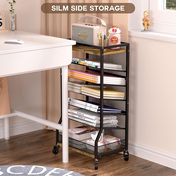 7 Tier Rolling File Cart with Sliding Trays, Wood Metal File Organizer Beside - Image 6