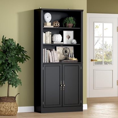 71.4" Tall Bookshelf with Cabinet, 5-Tier Floor Standing Bookcase with Doors & by BORNOON