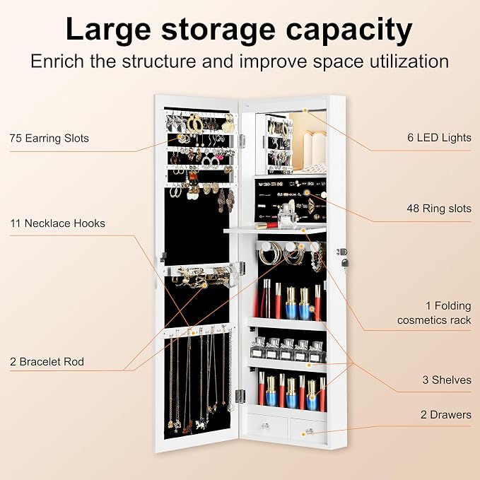 Mirror Jewelry Organizer, Wall/Door Mounted Jewelry Armoire - Image 4