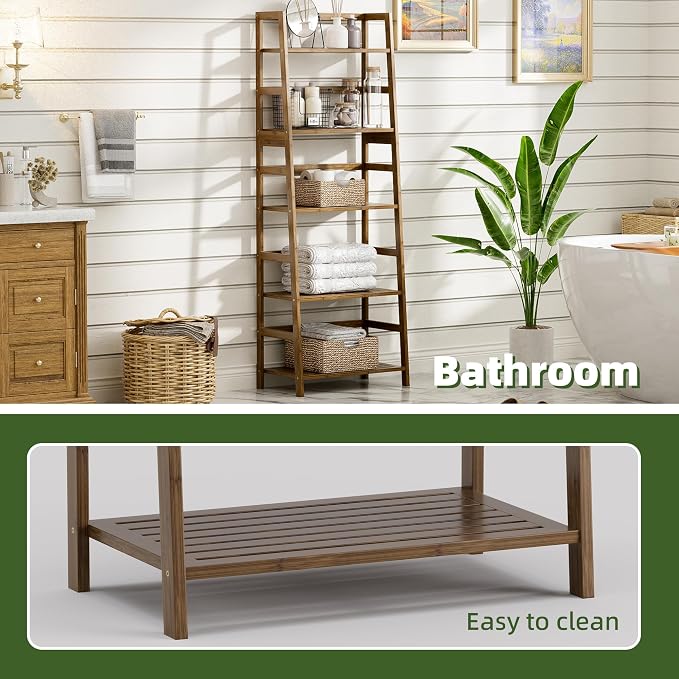 Ladder Shelf, 5-Tier Bookshelf, All Bamboo Heavy Duty Bookcase, Freestanding - Image 8