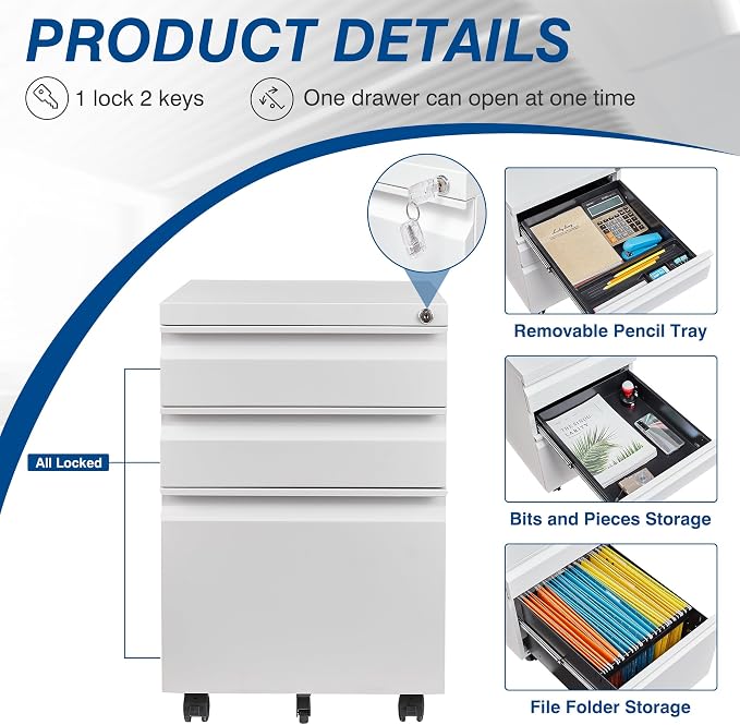 3 Drawer Vertical File Cabinet, Mobile Filling Cabinet - Image 5