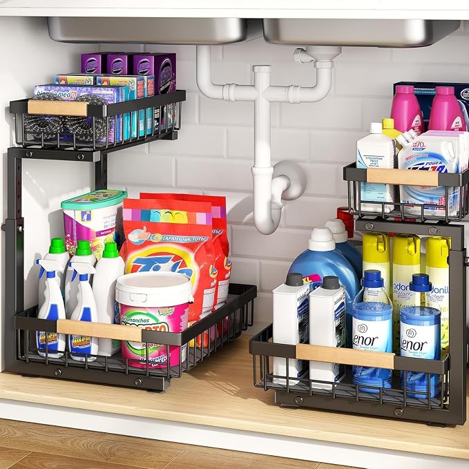 PXRACK 2 Pack Under Sink Organizer, Adjustable Height, 2 Tier Pull Out Under by PXRACK