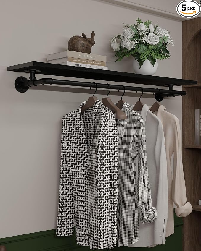 Black Clothes Rack 48in, Wall Mounted Garment Rack by INDUSTRIALSHELVESDESIGN
