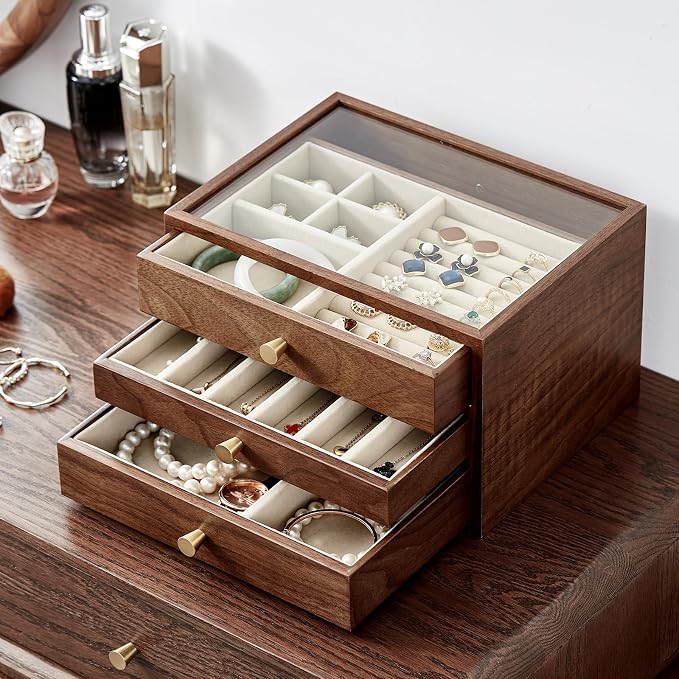 Black Walnut Wooden Jewelry Box Women large 3 Layer Drawer Organizer Box by Homruilink