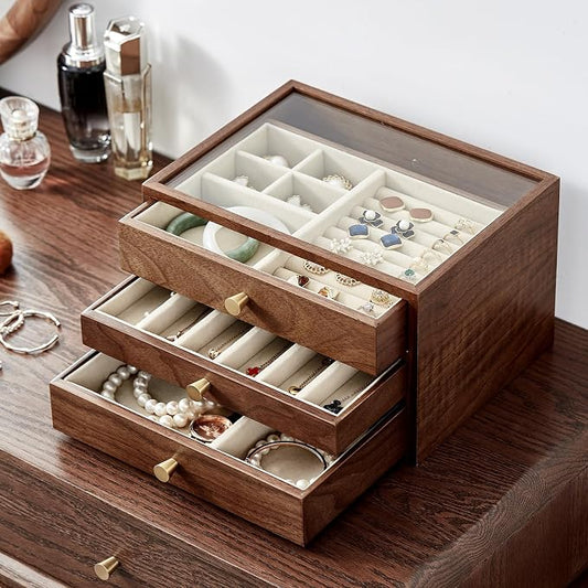 Black Walnut Wooden Jewelry Box Women large 3 Layer Drawer Organizer Box by Homruilink