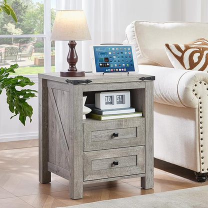 Nightstand with Charging Station and USB Port, Farmhouse Night Stand with 2 by Joaxswe
