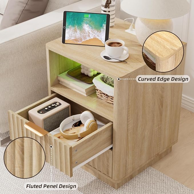 VOWNER Fluted Nightstand with Charging Station, 18” RGB Night Stand with 2 - Image 5