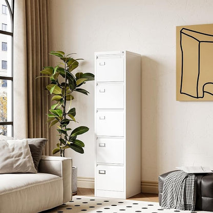 File Cabinets - 5 Drawers Vertical 17.8" Deep Lockable Filing Cabinet - White - Image 6